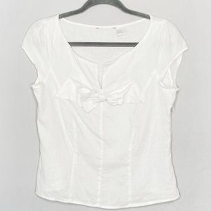 💎Womens White Linen Blouse Small Bow Front Cap Sleeves Side Zip Tapering Seams